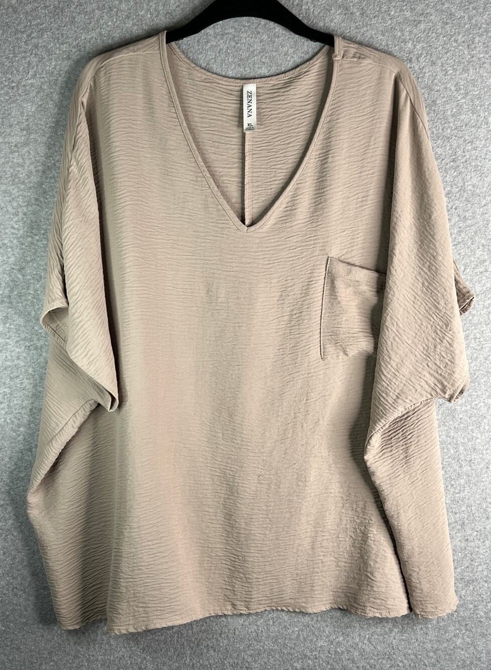 Zenana Airflow Crinkle V Neck Dolman Pocket Blouse XL Taupe Oversized QT-2740AB